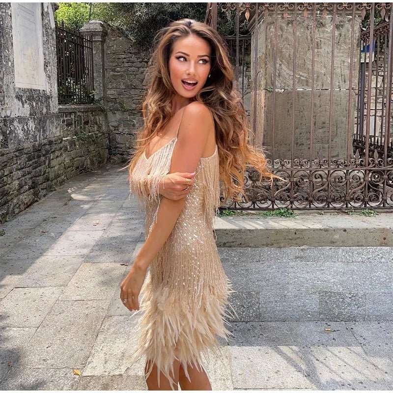 Stylish Fringe Feather Cocktail Dress